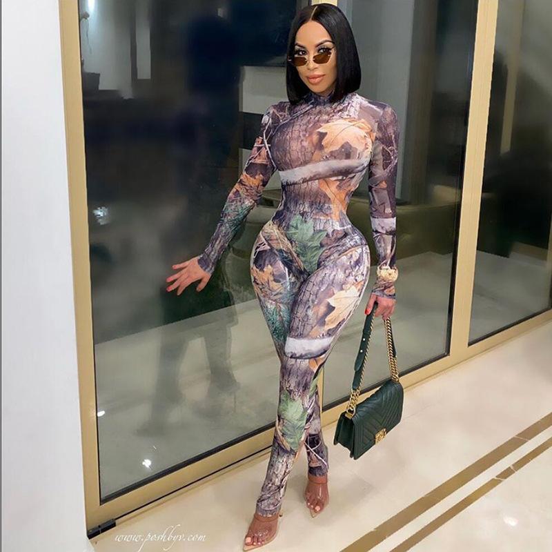 Women's Spring Vintage Printed Skinny Hip Raise Long Sleeve Casual Sports One-Piece Trousers