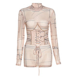 Women's Spring Clothing Sexy Mesh See-through Digital Printed Waist-Controlled Lace-up Jumpsuit for Women