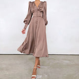 Taffeta Dress Satin Dress Lantern Sleeve Waist-Tight Elegant Slim-Fit Dress