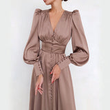 Taffeta Dress Satin Dress Lantern Sleeve Waist-Tight Elegant Slim-Fit Dress