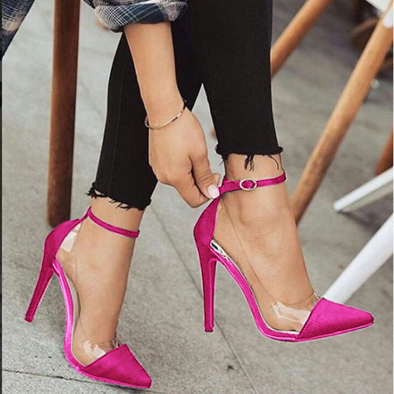 Hot Pink Heels Pointed-Toe Colorblock Transparent Stiletto Ultra-High Heels Pumps Women's Shoes