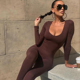 Spring Women's Clothes New Low-Necked Close-Fitting Long Sleeve High Waist Pure Color Sports Fitness Jumpsuit