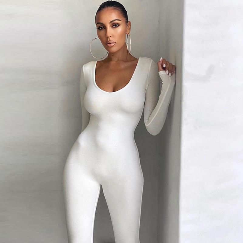 Spring Women's Clothes New Low-Necked Close-Fitting Long Sleeve High Waist Pure Color Sports Fitness Jumpsuit