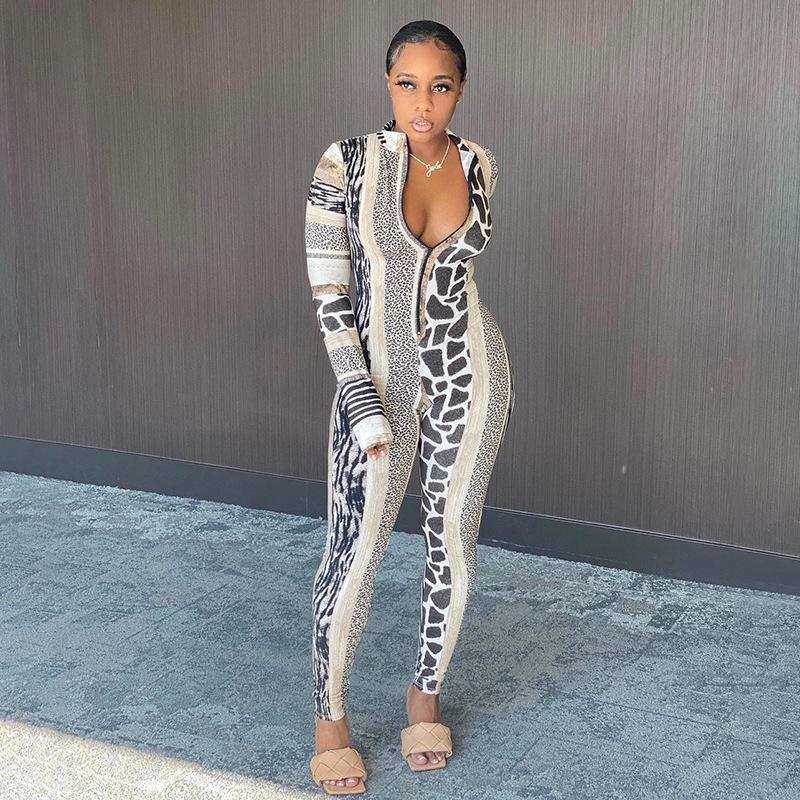 Women's Spring Clothing Fashion Stand-up Collar Slim Fit Printed Sports Jumpsuit
