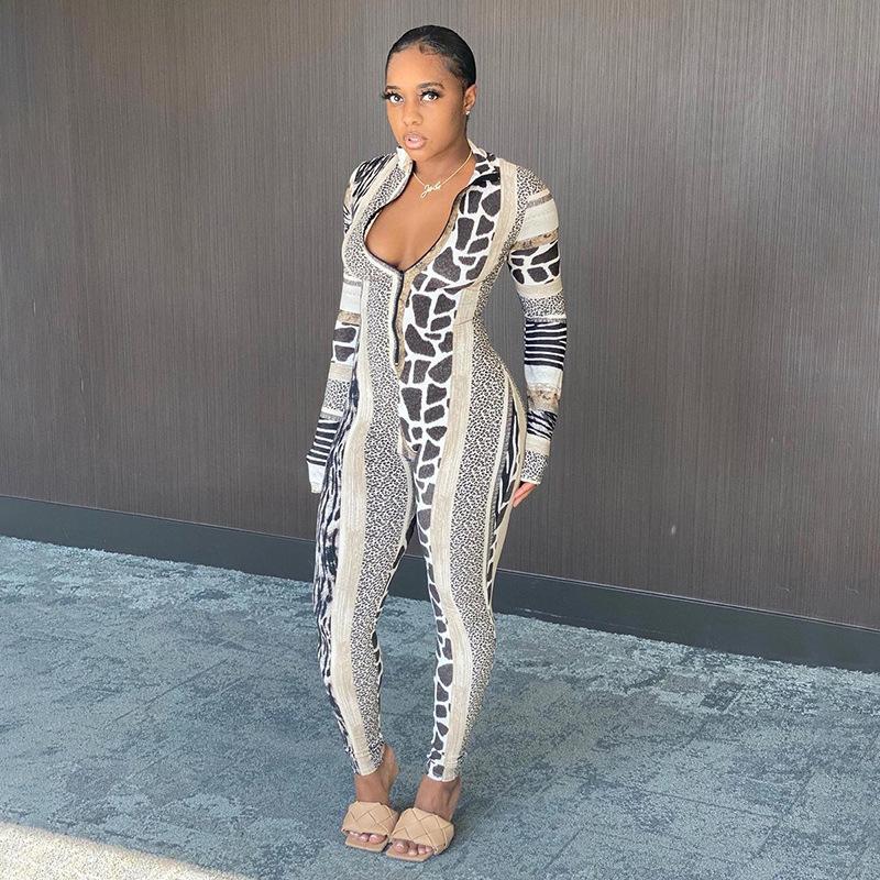 Women's Spring Clothing Fashion Stand-up Collar Slim Fit Printed Sports Jumpsuit