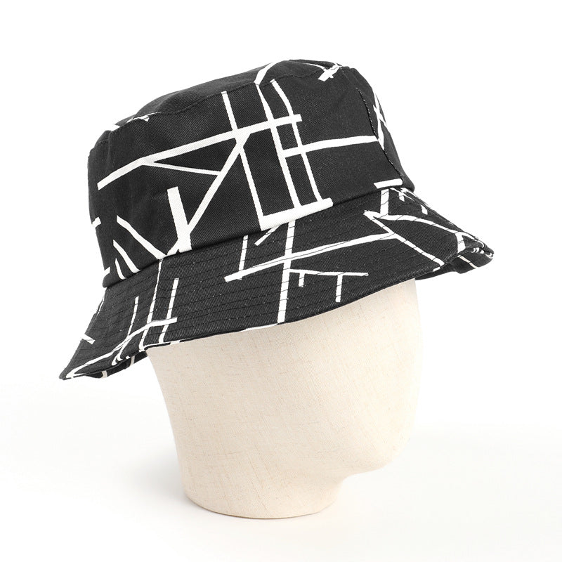 Bucket Hat Fishing Cap Cotton Print Fisherman Hat Letter Line Black Hip Hop