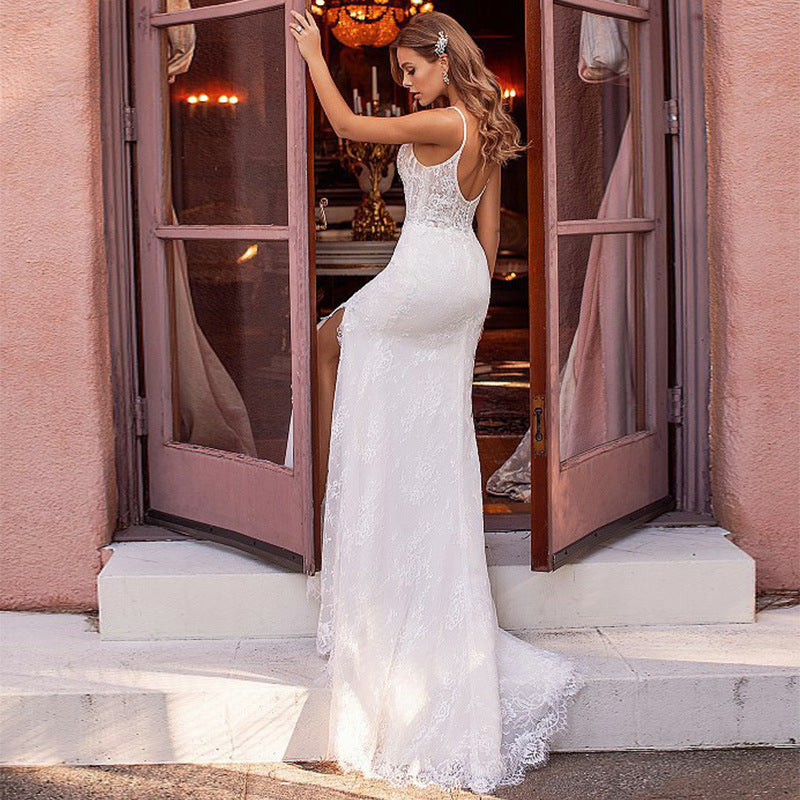 Kendall Jenner Wedding Guest Dress Double-Shoulder Lace Slimming and Simple Trailing Court Evening Dress