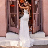 Kendall Jenner Wedding Guest Dress Double-Shoulder Lace Slimming and Simple Trailing Court Evening Dress