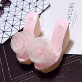 Platform Heels for Women Summer Slippers Flower High Heel Fish Mouth Transparent Slippers