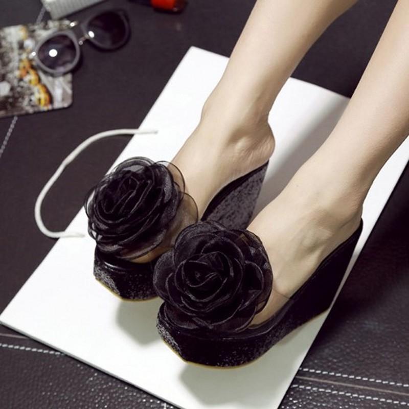 Platform Heels for Women Summer Slippers Flower High Heel Fish Mouth Transparent Slippers