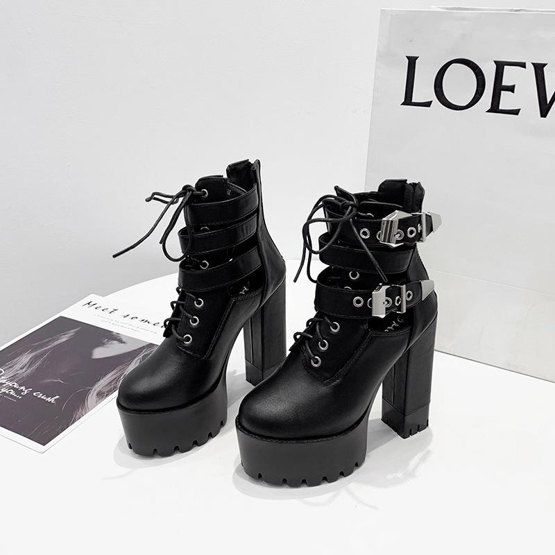 Platform Heels for Women Autumn and Winter Hollow Out High Heel Chunky Heel Booties Women