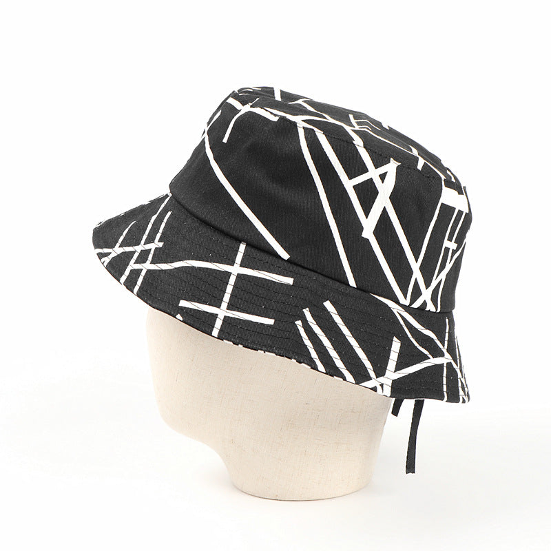 Bucket Hat Fishing Cap Cotton Print Fisherman Hat Letter Line Black Hip Hop