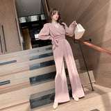 Velour Tracksuit Lace-up Slimming Top Velvet Wide-Leg Pants Suit
