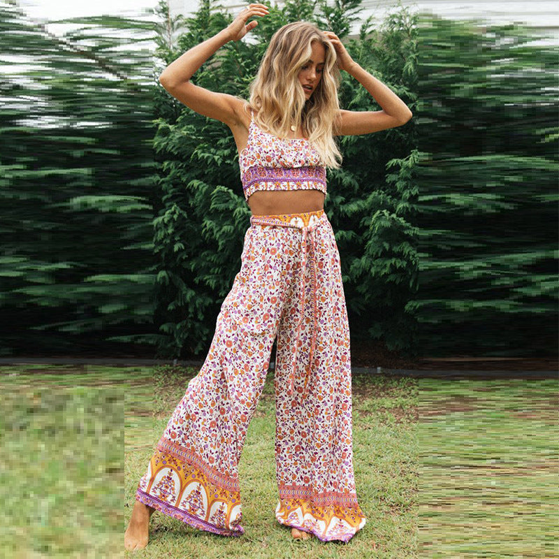 Coachella Music Festival Outfits Floral Strap Wide Leg Pants Suit