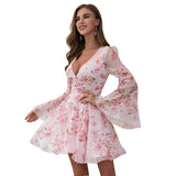 Coachella Music Festival Outfits Sexy V-neck Casual Skirt Printed High Waist Dress