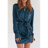 Taffeta Dress Satin Dress Long Sleeve Elastic Lace-up Waist Elegant Formal Dress