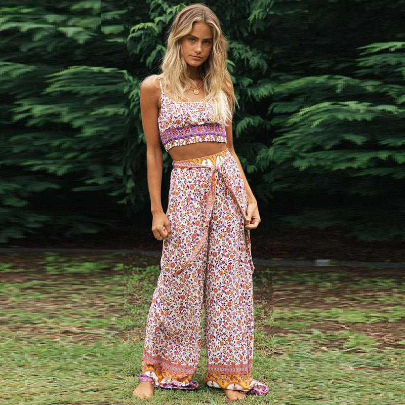 Coachella Music Festival Outfits Floral Strap Wide Leg Pants Suit