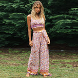 Coachella Music Festival Outfits Floral Strap Wide Leg Pants Suit