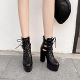 Platform Heels for Women Autumn and Winter Hollow Out High Heel Chunky Heel Booties Women
