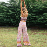 Coachella Music Festival Outfits Floral Strap Wide Leg Pants Suit
