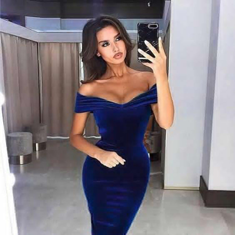 Blue Velvet Dress Gold Velvet Dress off-Shoulder Slim-Fit Sexy