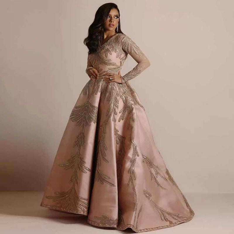 Long Homecoming Dresses Spring New Gilding Large Sleeve Dress Banquet Sexy Evening Dress Pink