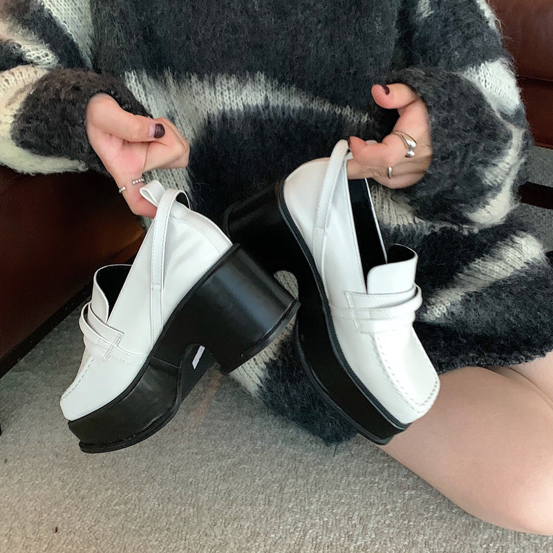Platform Heels for Women Retro High Heel Leather Shoes