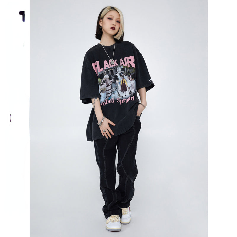 Y2g Shirts for Boys Vintage Washed Black Pink Summer Short Sleeve T-shirt for Men and Women