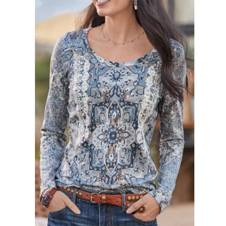 Romanian Gypsy Outfits Printed Top Ethnic T-shirt Women's Long Sleeve