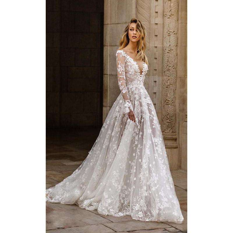 Women Lace Wedding Dress Sexy Lace Long Sleeve Dress Evening Dress