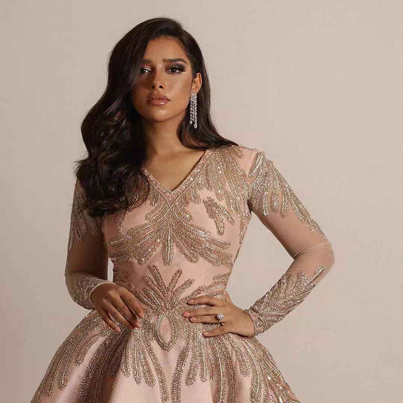 Long Homecoming Dresses Spring New Gilding Large Sleeve Dress Banquet Sexy Evening Dress Pink