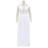Women Lace Wedding Dress Summer Dress V-neck Long Sleeve See-through White Dress