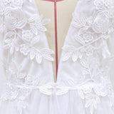 Women Lace Wedding Dress Summer Dress V-neck Long Sleeve See-through White Dress