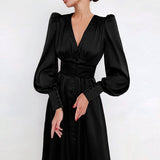 Taffeta Dress Satin Dress Lantern Sleeve Waist-Tight Elegant Slim-Fit Dress