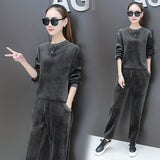 Velour Tracksuit Autumn and Winter Fleece-Lined Thickened Pleuche Women's round Neck Sweater Two-Piece Set