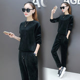 Velour Tracksuit Autumn and Winter Fleece-Lined Thickened Pleuche Women's round Neck Sweater Two-Piece Set