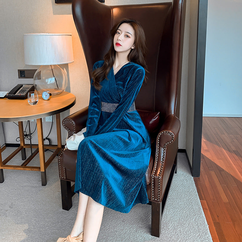 Blue Velvet Dress V-neck Waist-Controlled Large Hem Long Dress Velvet