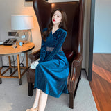 Blue Velvet Dress V-neck Waist-Controlled Large Hem Long Dress Velvet