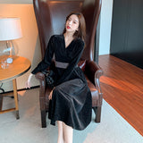 Blue Velvet Dress V-neck Waist-Controlled Large Hem Long Dress Velvet