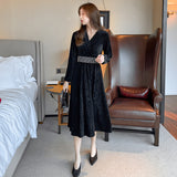 Blue Velvet Dress V-neck Waist-Controlled Large Hem Long Dress Velvet