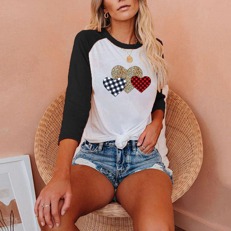 Valentine's Day T Shirts Couples Top Heart round Neck Raglan Three-Quarter-Length-Sleeved T-shirt