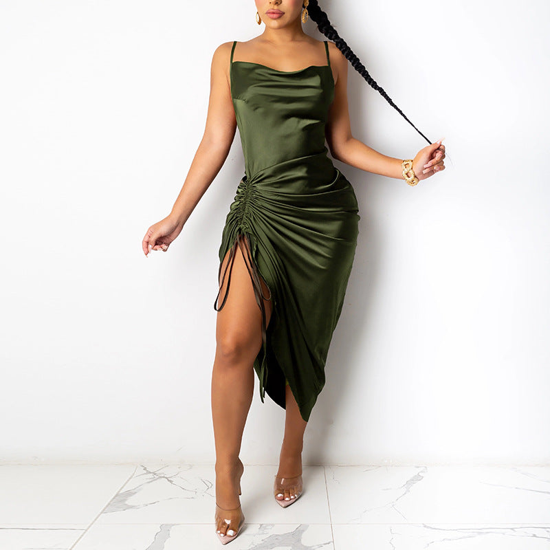 Emerald Green Dress Sexy Backless Lace up Fold Split Pleating Sling