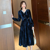 Blue Velvet Dress Elegant Slim Velvet Stitching