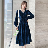 Blue Velvet Dress Elegant Slim Velvet Stitching