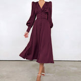 Taffeta Dress Satin Dress Lantern Sleeve Waist-Tight Elegant Slim-Fit Dress