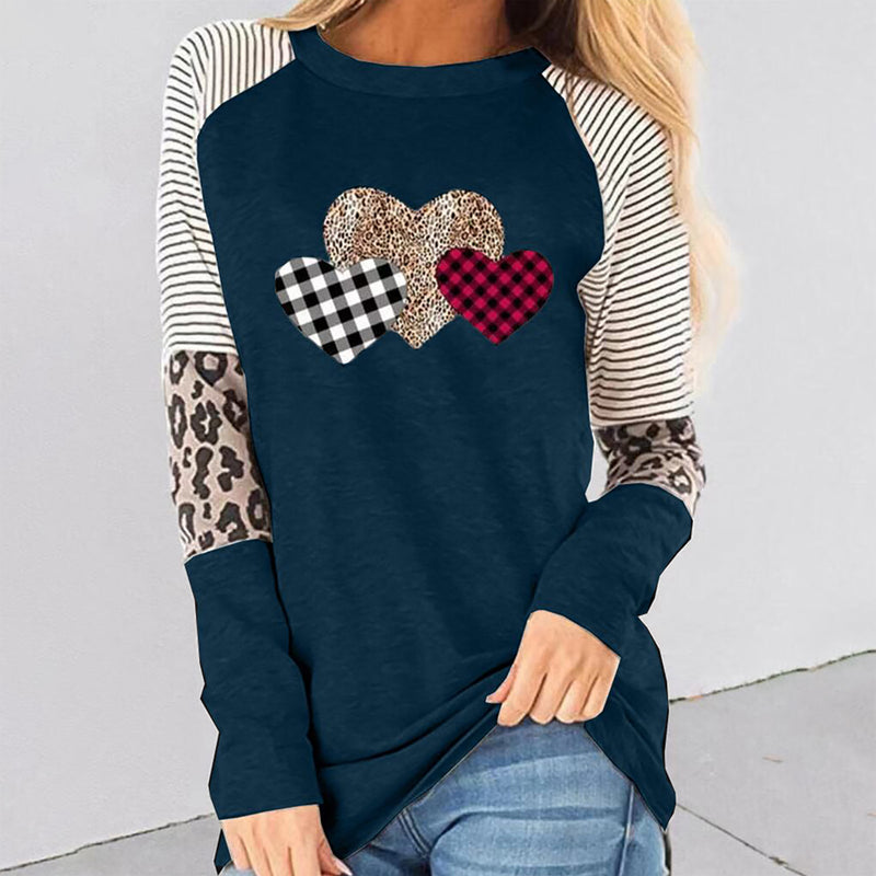 Valentine's Day T Shirt Long Sleeve Stitching Casual T-shirt round Neck Loose Top