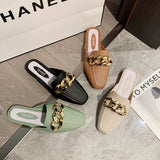 Finn Chain Pointed Toe Mule Summer Slippers Flat Lazy Casual Semi-Toe Box Sandals Outdoor Beach Shoes Women's Shoes