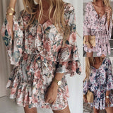 MIDI Mauve Cocktail Dress Autumn Print Chiffon Pink Turtleneck Short Skirt Mid-Waist Dress for Women