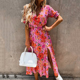Kendall Jenner Wedding Guest Dress Printed Short Sleeve V-neck Waist Slit