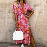 Kendall Jenner Wedding Guest Dress Printed Short Sleeve V-neck Waist Slit
